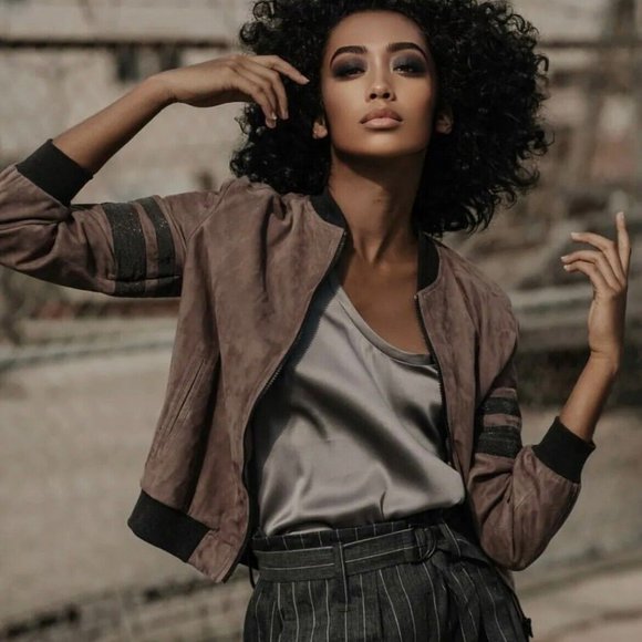 Brunello Cucinelli Jackets & Blazers - Brunello Cucinelli suede bomber jacket with monili stripes on sleeves